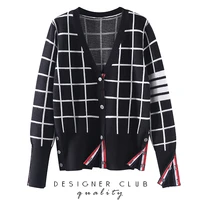 tb sweater coat cardigan womens 2021 spring and autumn new college style striped plaid knitted sweater couples outer top