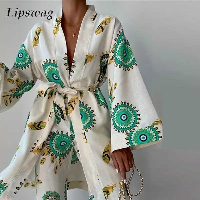 

2022 Women Flared Long Sleeves Tops Long Pants Set Fashion Pattern Print Lace Up Cardigan Suit Autumn Elegant Home Two Piece Set