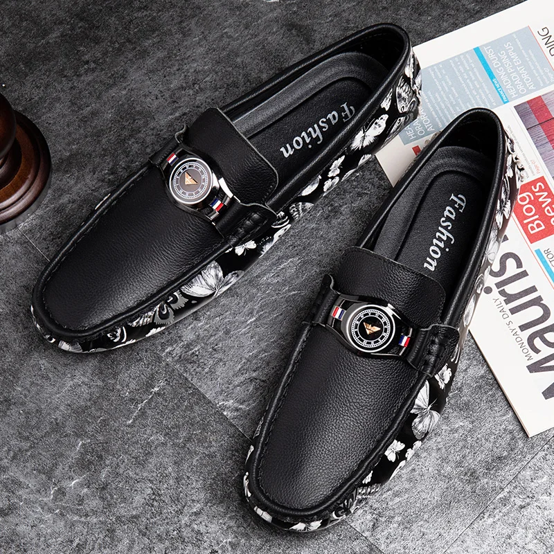 

Мокасины мужские кожаные без шнуровки, модные узорные лоферы, дышащие туфли на плоской подошве, для вождения, Модель 38-46