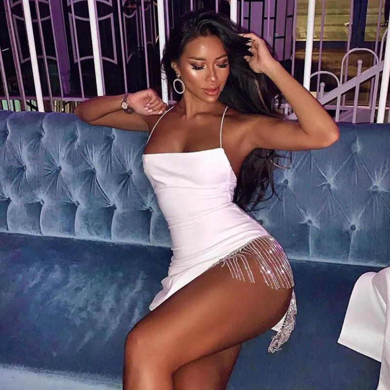 Sexy Spaghetti Strap Evening Dress Side Crystal Tassel Split Party Mini Dress For Women 2022 Backless Slim Solid Vestido