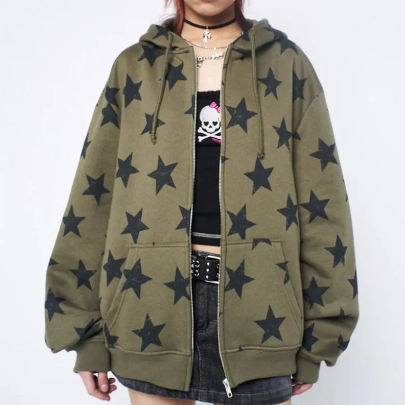 

Y2k American Hip Hop Hoodies Long Sleeve Star Print Zip Up Sweatshirts High Street Harajuku Oversized Men Women Harajuku Jackets