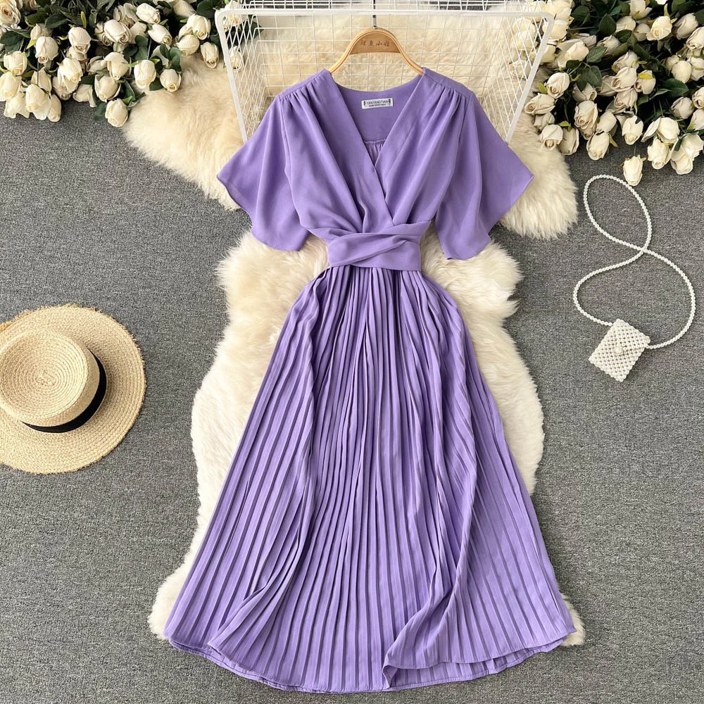 

French v neck Vintage pleated chiffon Dress Summer Party Long bandage vestido de fiesta Women slim waist elegant tunic Vestidos