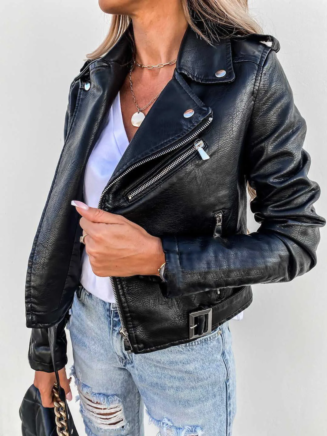 DEARIRIS Zipper Motorcycle Cropped Jacket top PU LeatherJacket