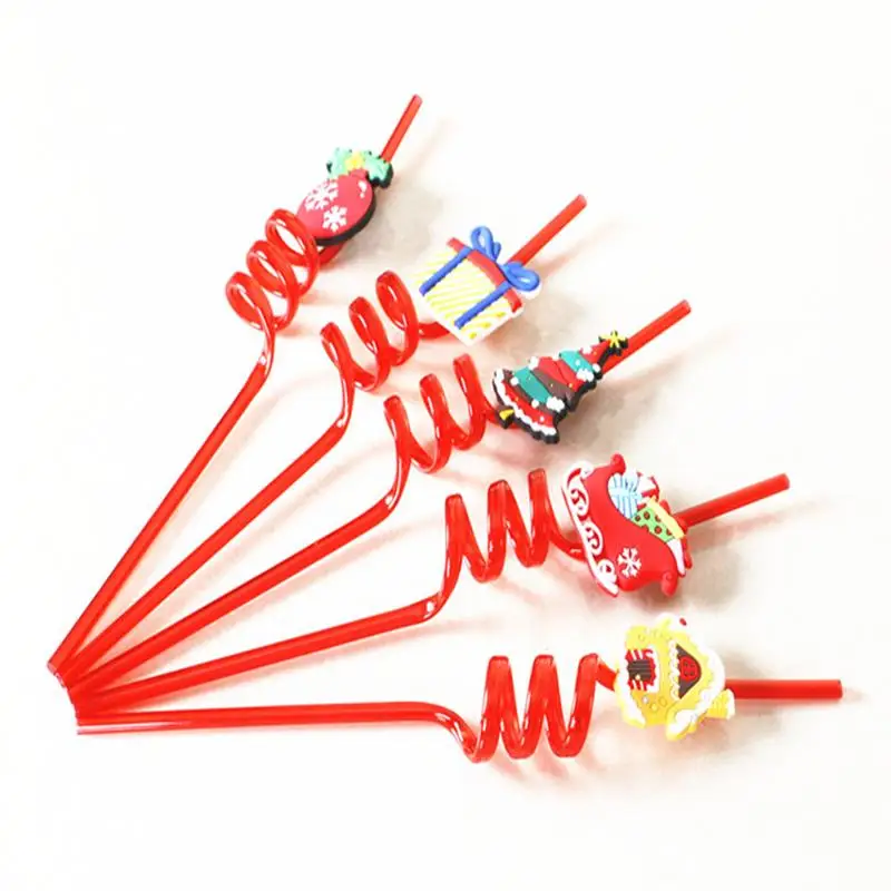 

10pcs Disposable Straws Cartoon Santa Claus Xmas Party Plastic Straws Christmas Swirly Drinks Straws Disposable Party Tableware