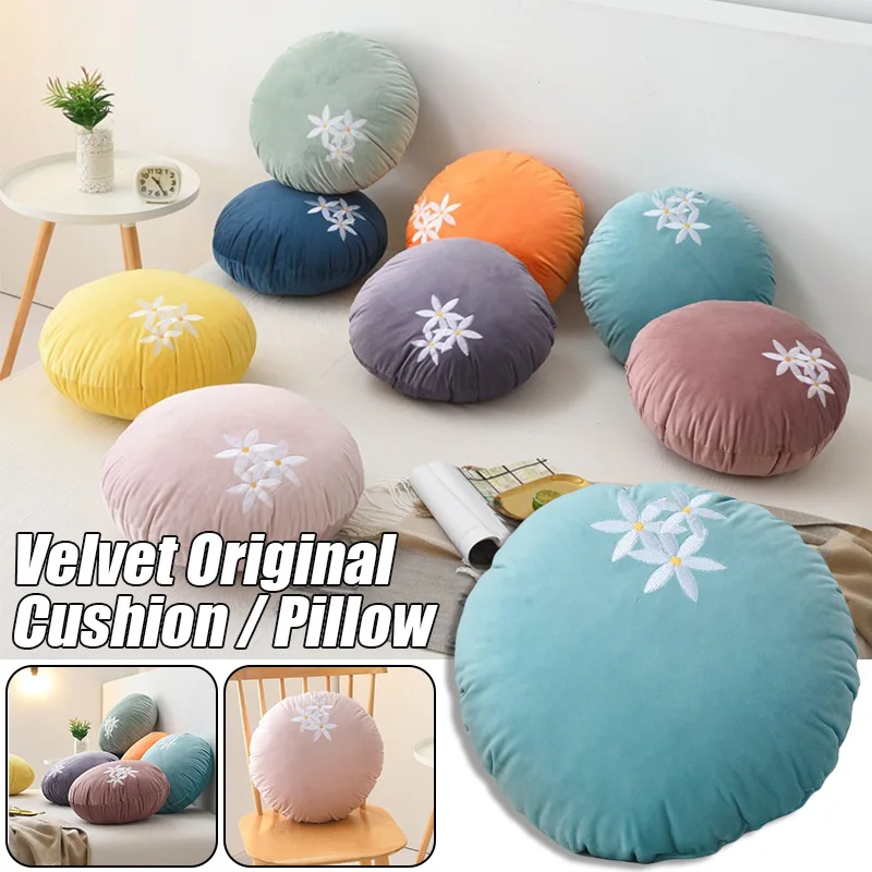 

Soft Fleece Cushion Round Throw Pillow Velvet Floral Embroidery Home Textile Solid Color Sofa Chair Cushion Seat Pouf