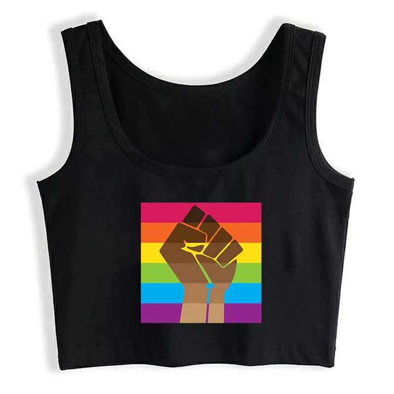

LGBT BLM Pride Fist Comic Inscriptions Sports Print Crop Top
