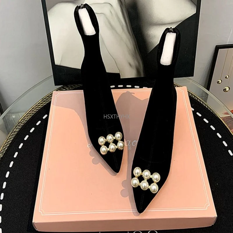 

Женские ботинки, весна-осень, новые черные остроносые ботинки на высоком каблуке, сексуальные теплые облегающие ботинки, ботинки-носки, жен...