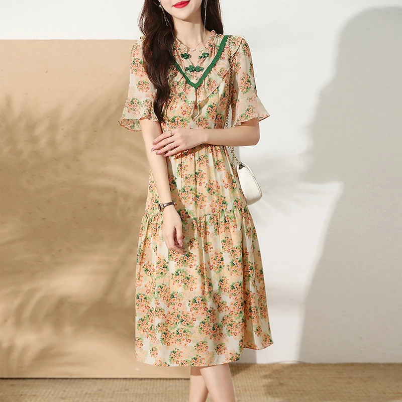 Винтажное шифоновое летнее платье в китайском стиле для женщин с V-образным