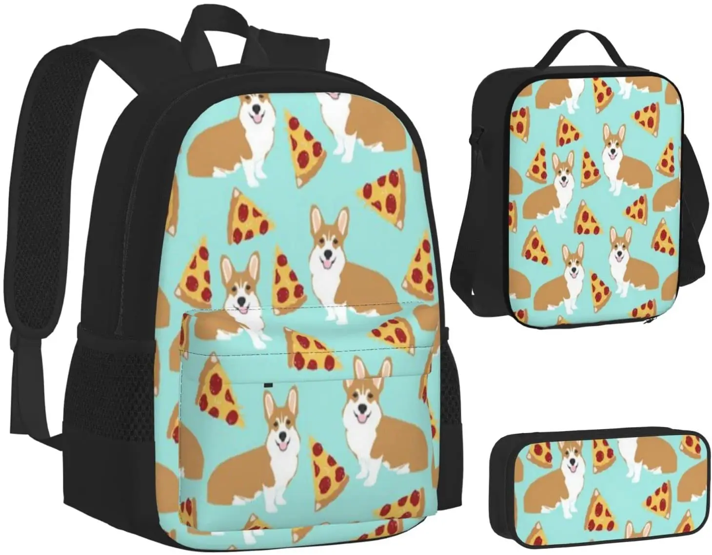 Kids School Backpack Corgi Pizza Schoolbag Travel Bag Casual Daypack Lunch Bag Pencil Case for Boys Teens Girls 3pcs Sets