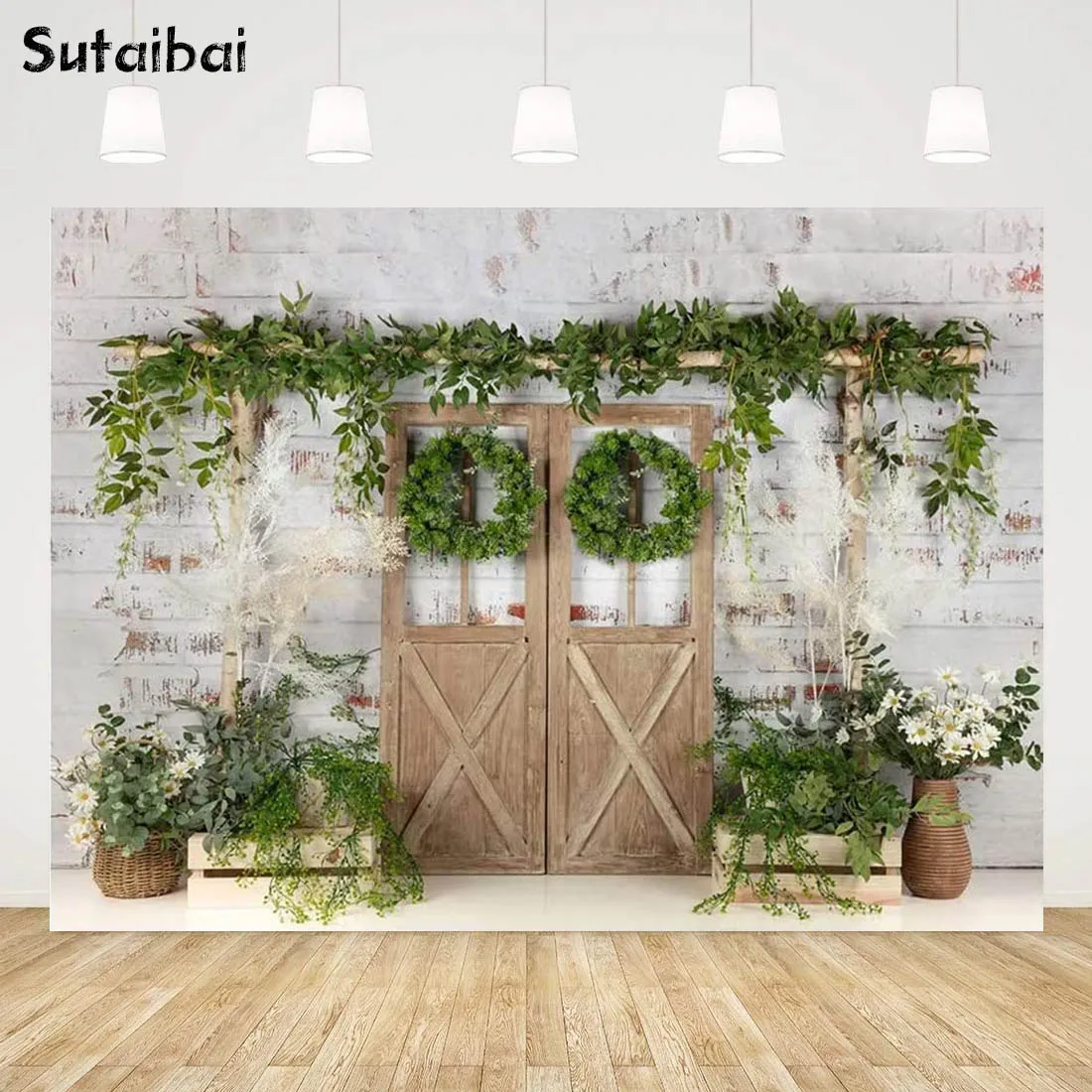 

White Painted Brick Wall Wood Door Photography Backdrops Spring Green Grass and Flowers Photo Backgrounds Baby Shower Backdrop