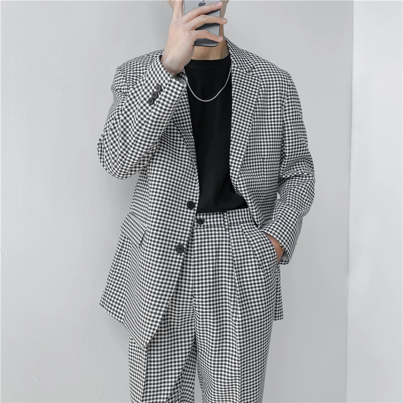 

Mens Korean Chic Streetwear Loose Casual Vintage Plaid Suit Blazers Jackets Brand Male Fashion Wedding Dress Blazer Coat Man