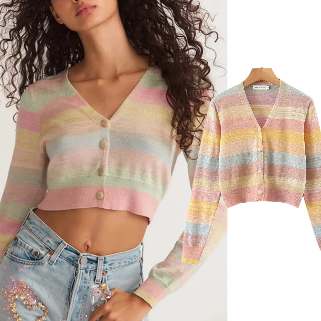 

Maxdutti Ins Fashion Blogger Rainbow Striped Cardigans Golden Silk V-neck Single Breasted Knitted Cardigans Women Tops