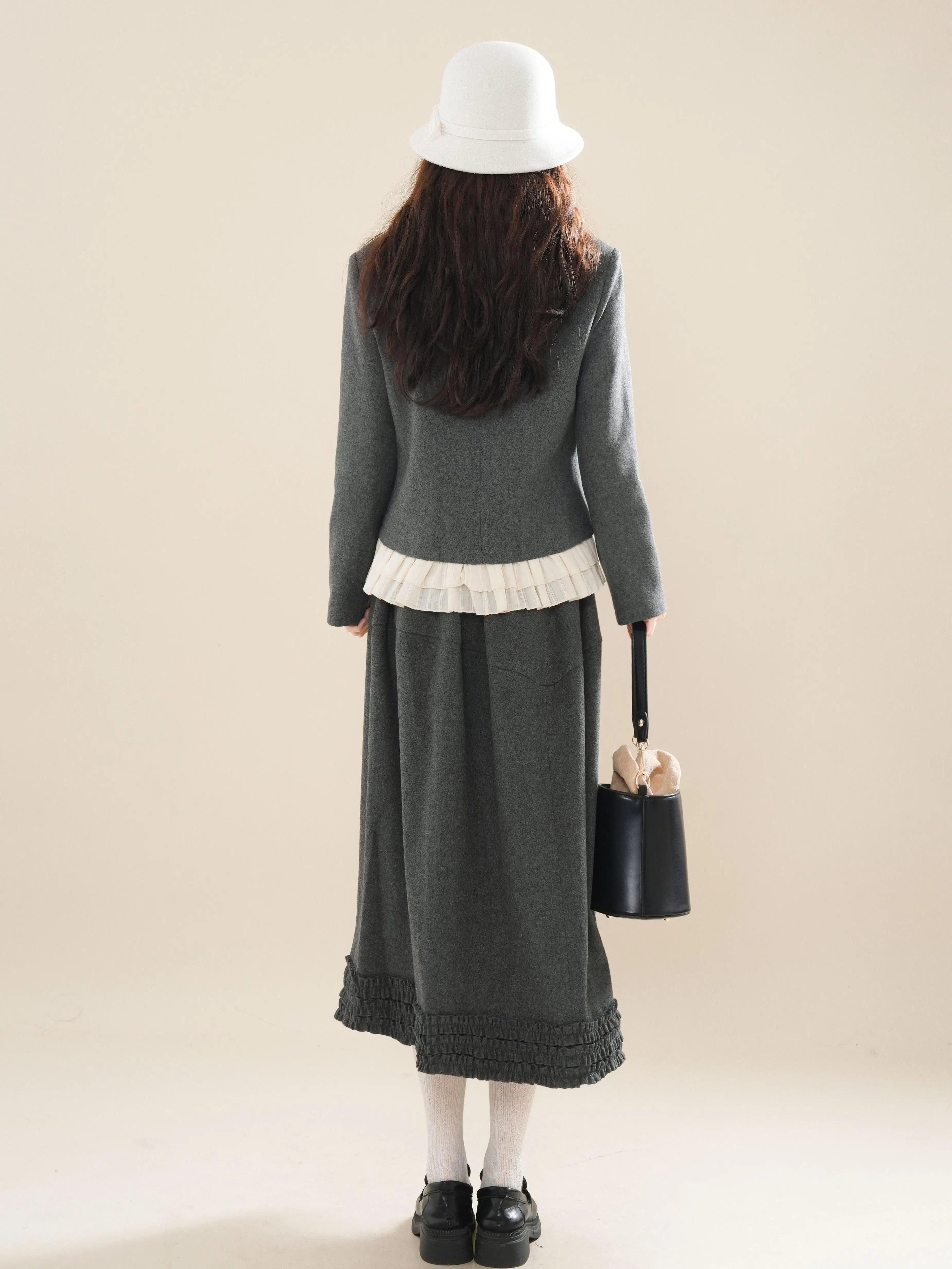 Cocoa Forest Water Moon-Free Japan fashion Yamamoto Sle Gray Patchwork Lotus Leaf Lace Outerwear Skirt sets Women Autumn