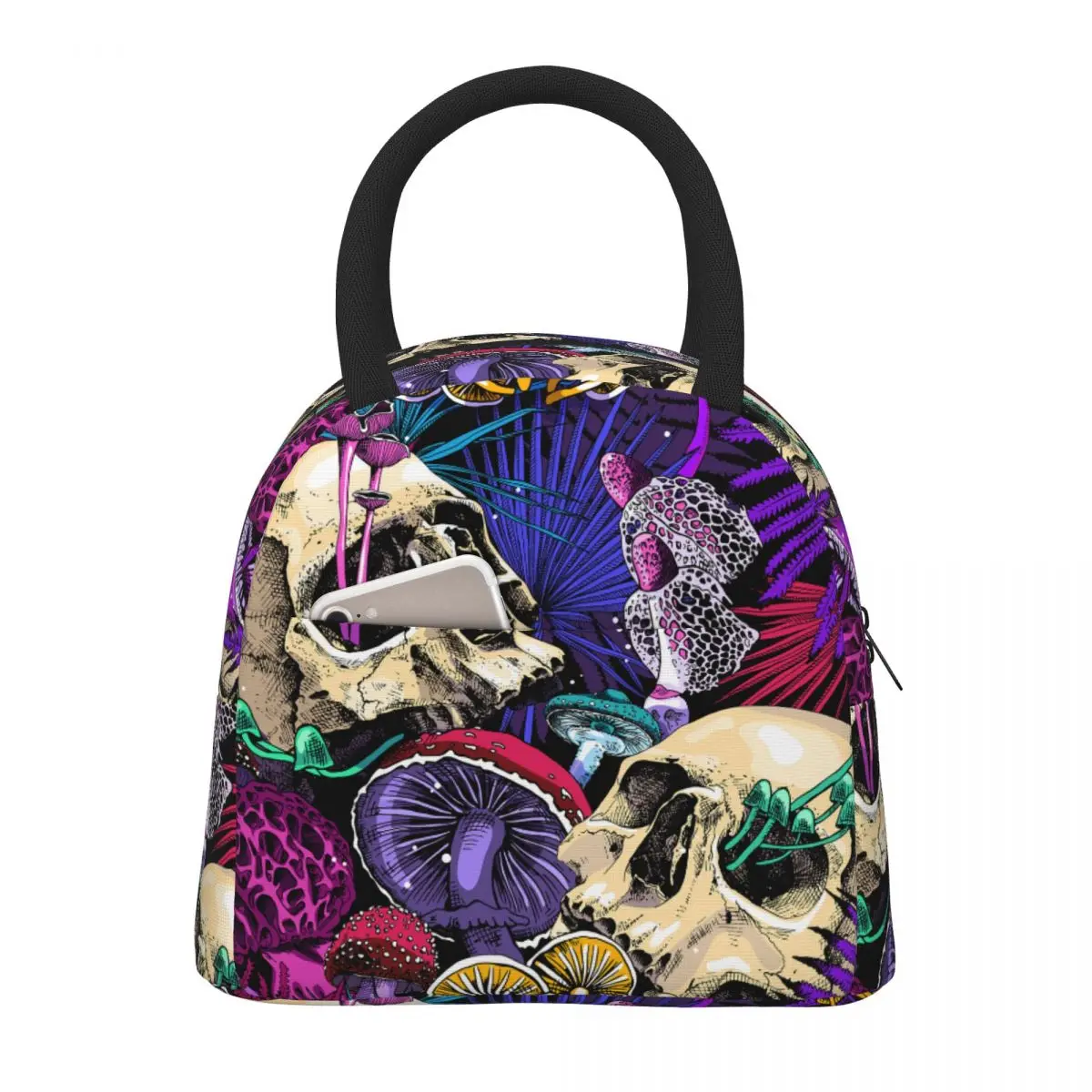 Psychedelic Mushrooms And Skulls Lunch Bag Waterproof Insulated Cooler Thermal Food Picnic Travel Lunch Box for Women Children