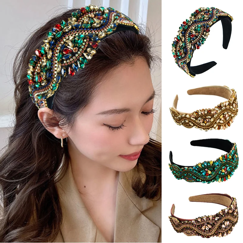 

Fashion DIY Handmade Luxury Baroque Head Hoop Shiny Wide-brimmed Hairband Super Flashing Gemstone Headband Hair Accessories