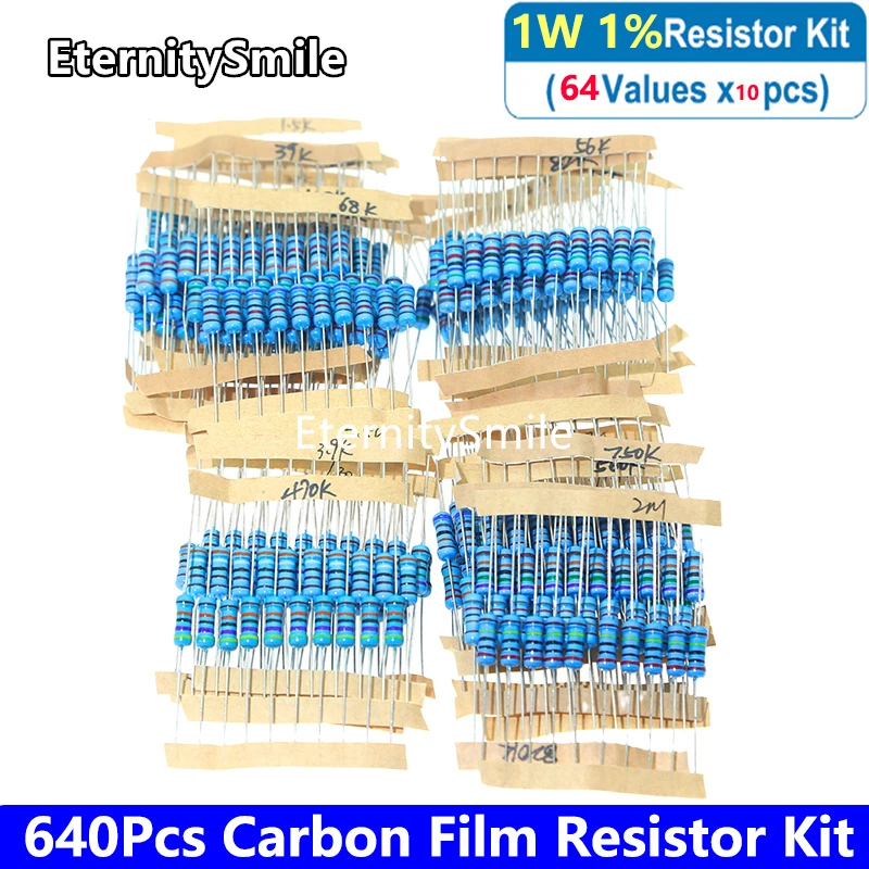 

Набор карбоновых пленочных резисторов 1 Вт, 640, 64 значения * 10 шт., комплект резисторов 1R-680R-910K-2.2 МОм, сопротивление цветного кольца, 1% шт./упаковка