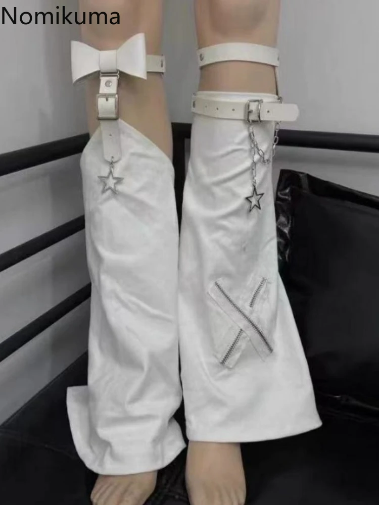 2024 кожаные гетры Harajuku Y2k с бантом черные белые розовые серые носки пряжкой в