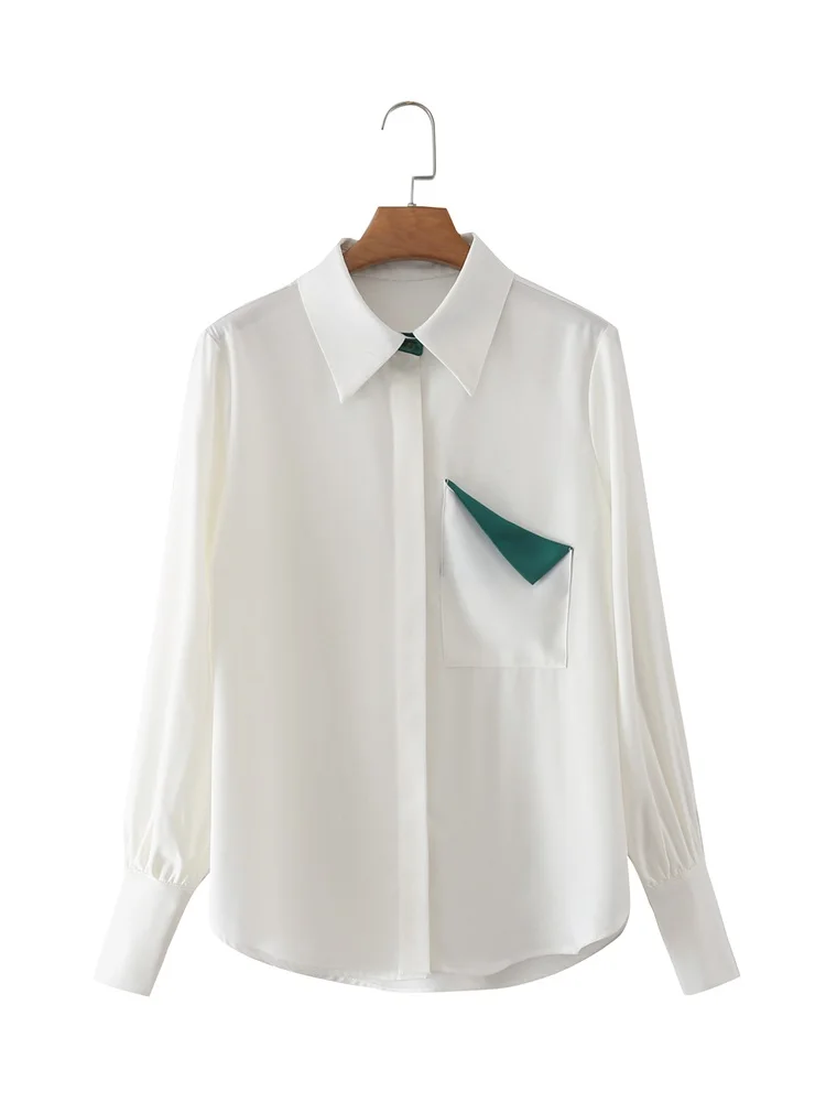 

TRAF Women 2022 Fashion White Flip Pocket Loose Asymmetrical Blouses Vintage Long Sleeve Button-up Female Shirts Streetwear