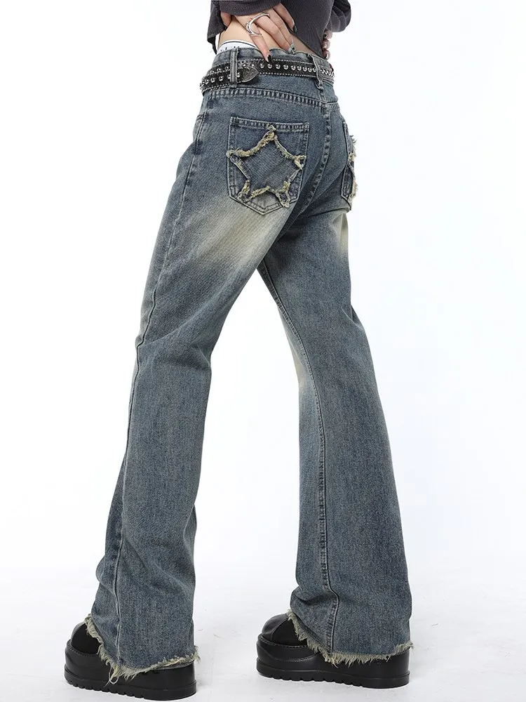 

Винтажные синие женские джинсы со звездами, американская мода, уличная одежда, стильные джинсы с широкими штанинами, женские джинсовые брюк...
