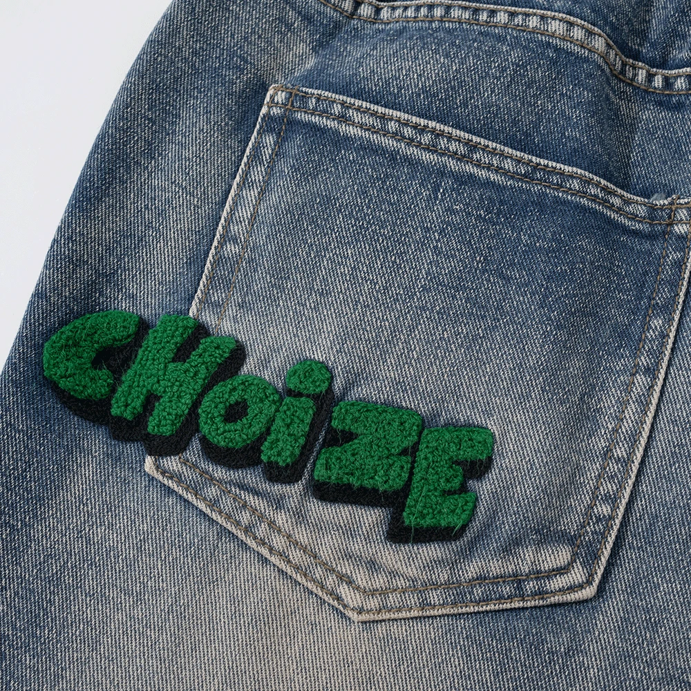 Vintage Harajuku Letter Embroidery Spliced Retro Denim Trousers Men and Women Drawstring Straight Oversized Casual Jeans Pants