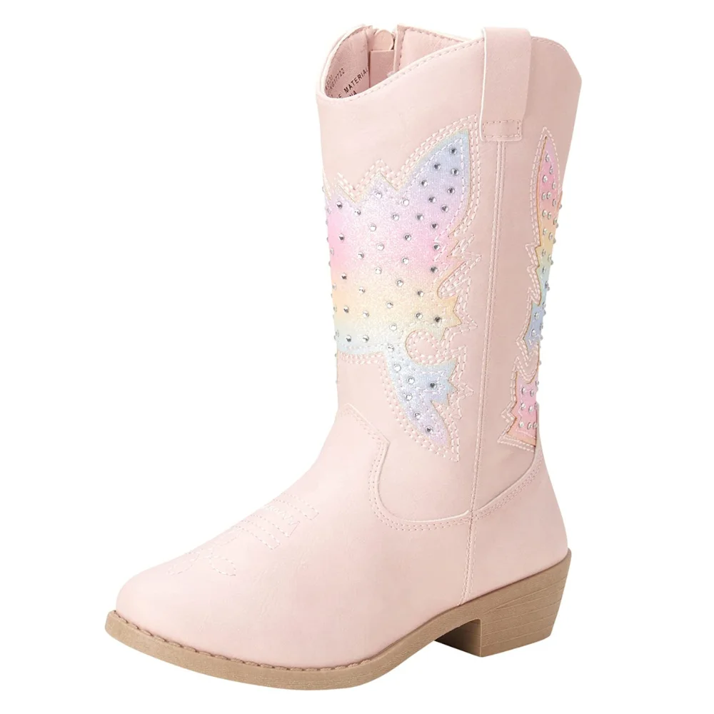

Unishuni Cowboy Boots for Girl Embroiderded Knee-High Cowgirl Boots Child Rhinestone Spring Autumn Western Bootie Kids Pink Shoe