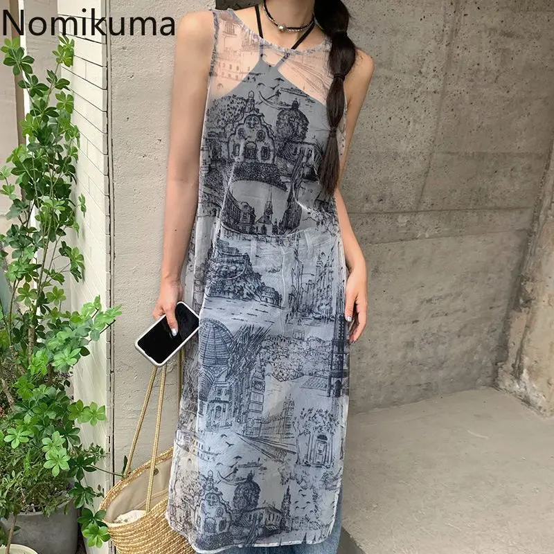 Женская модная пикантная газовая блузка Длинные рубашки без рукавов с принтом Y2k