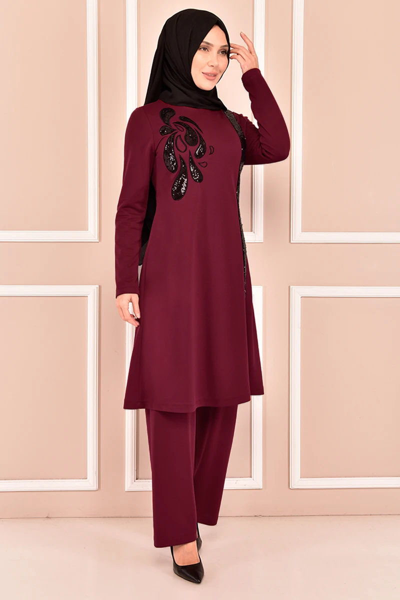 

Stamp Embroidered Kombin Burgundy Muslim Woman Outfit İslamic Woman Abaya Dress Muslim Tops Turkey Store Muslim Hijab KBR10015