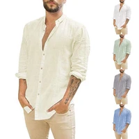 plus size 2022 mens summer linen cardigan tops solid color casual stand collar long sleeve shirts plus size mens streetwear