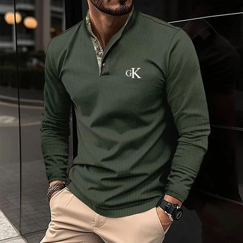 

New Fashion Men's Printed Polo Shirt Men's Solid Casual Designer Long Sleeve Top Button Collar Men's Clothing 2023