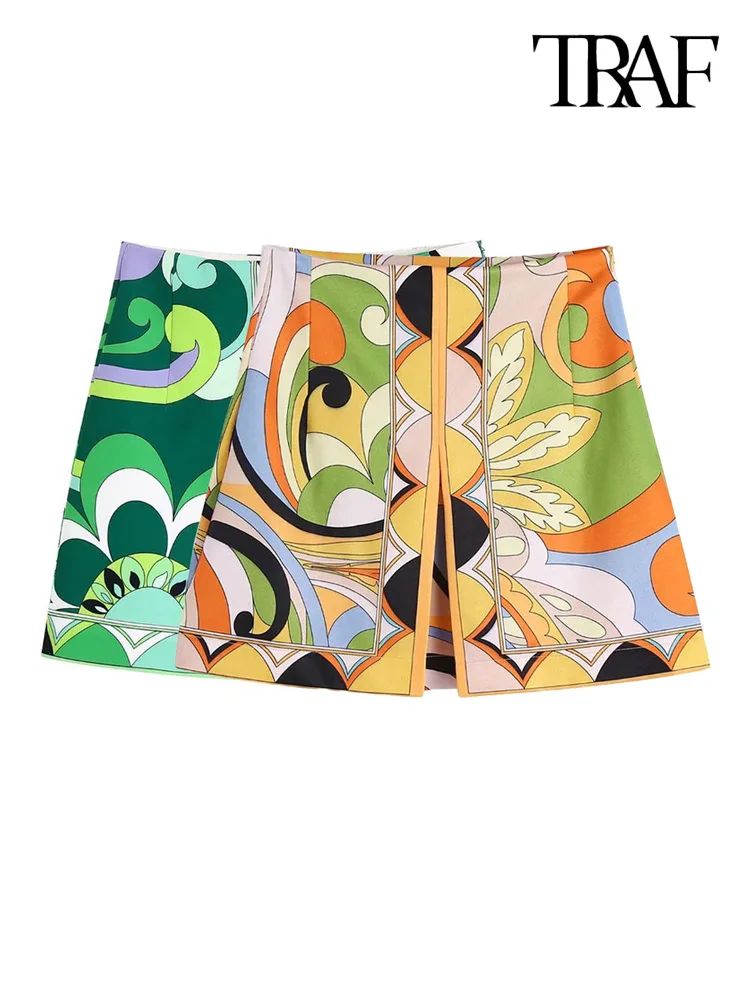 

TRAF Women Fashion Front Opening Printed Mini Skirt Vintage High Waist Side Zipper Female Skirts Mujer
