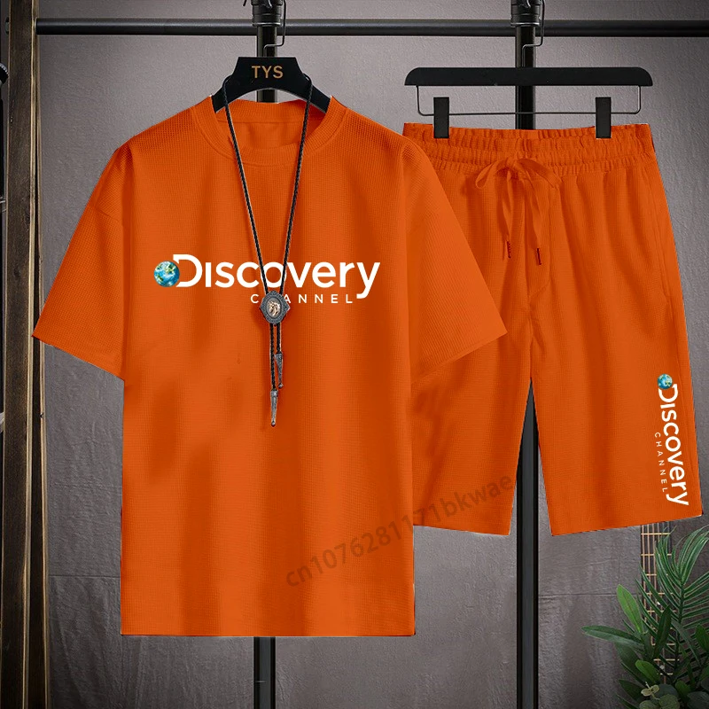 Discovery Channel cotton men's shorts set oversized letter print 2kT-shirt shorts summer new women's 2-piece luxury sports suit