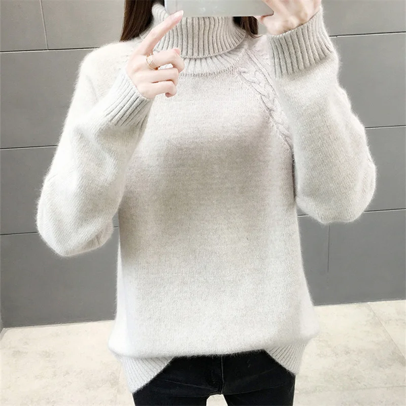 

Winter Autumn Thick High Collar Knitted Sweater Women Loose Casual Long Sleeve Turtleneck Pullover Solid Color Knit Tops Female