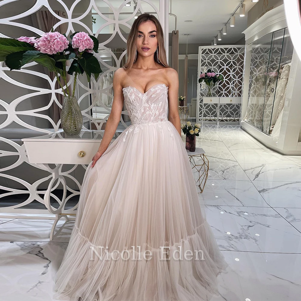 

Nicolle Eden Strapless Sweetheart Wedding Dresses Lace Appliques A Line Formal Bride Gown Vestido De Casamento Custom Made