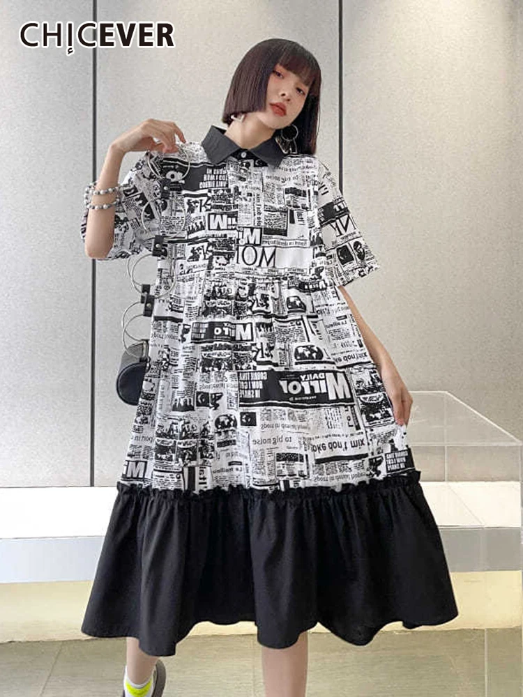 

CHICEVER Patchwork Ruffle Dress For Women Lapel Short Sleeve Irregular Colorblock Print Dresses Female 2022 Summer Fashion Style