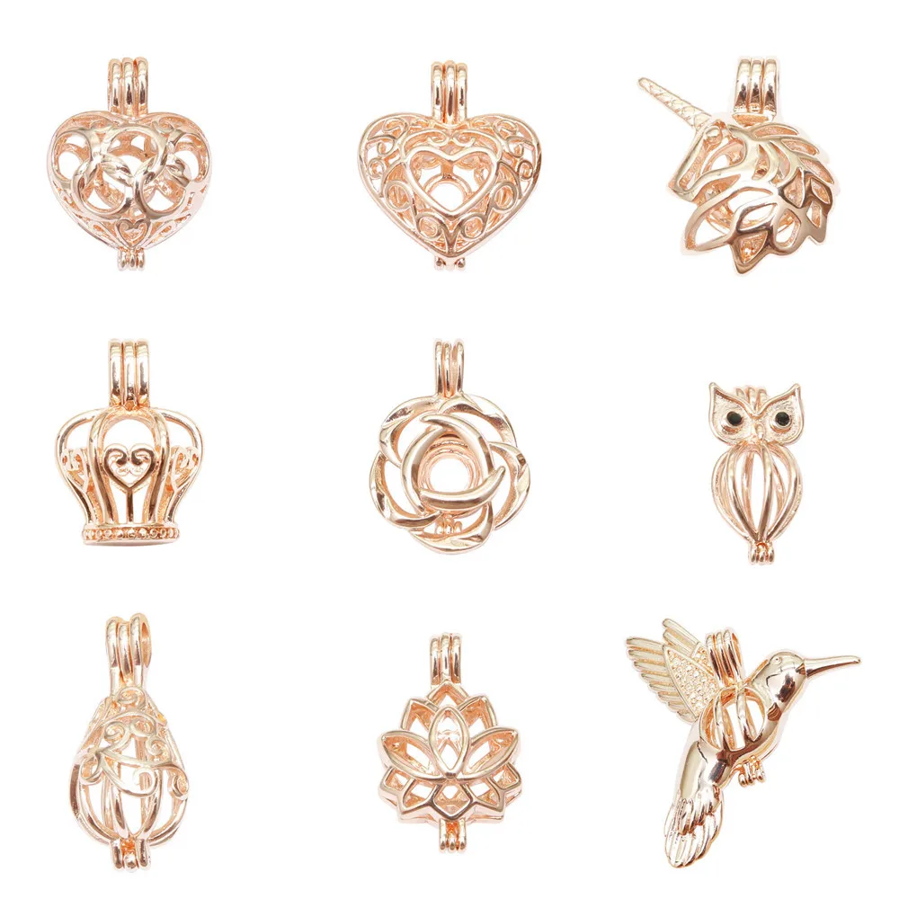10pcs Rose Gold Pearl Cage Locket Pendants Drop Aromatherapy Heart Unicorn Essential Oil Diffuser Necklace Charms DIY Jewelry
