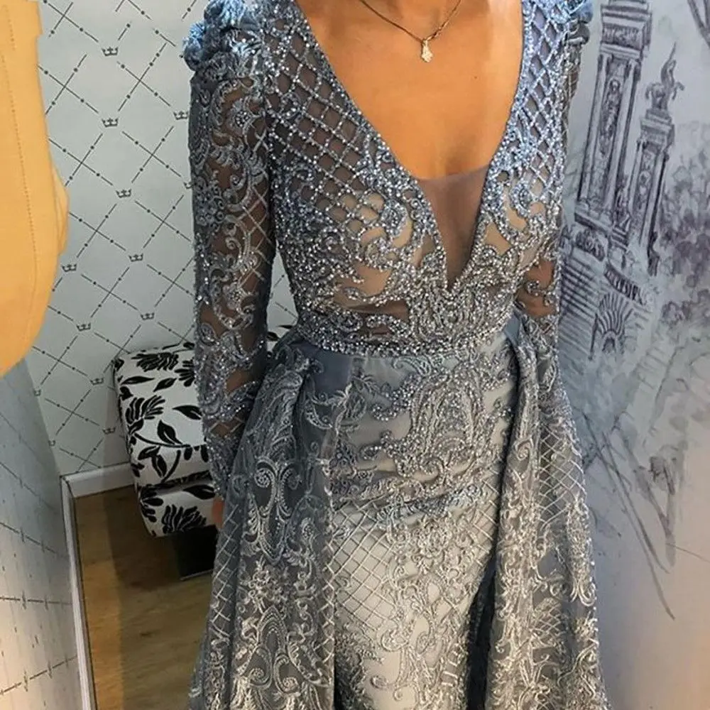 

Gray Evening Dresses Long with Sleeves V-Neck Lace Beaded Mermaid Special Occasion Formal Party Gown 2022 abiye gece elbisesi