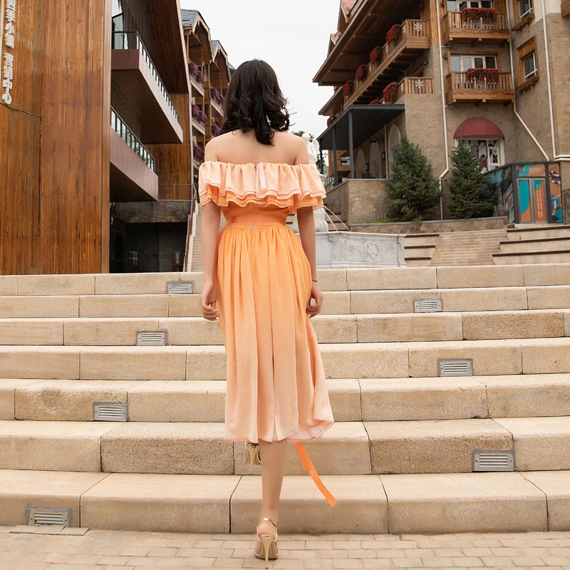 Женское винтажное платье с завышенной талией оранжевое из шифона высокой и