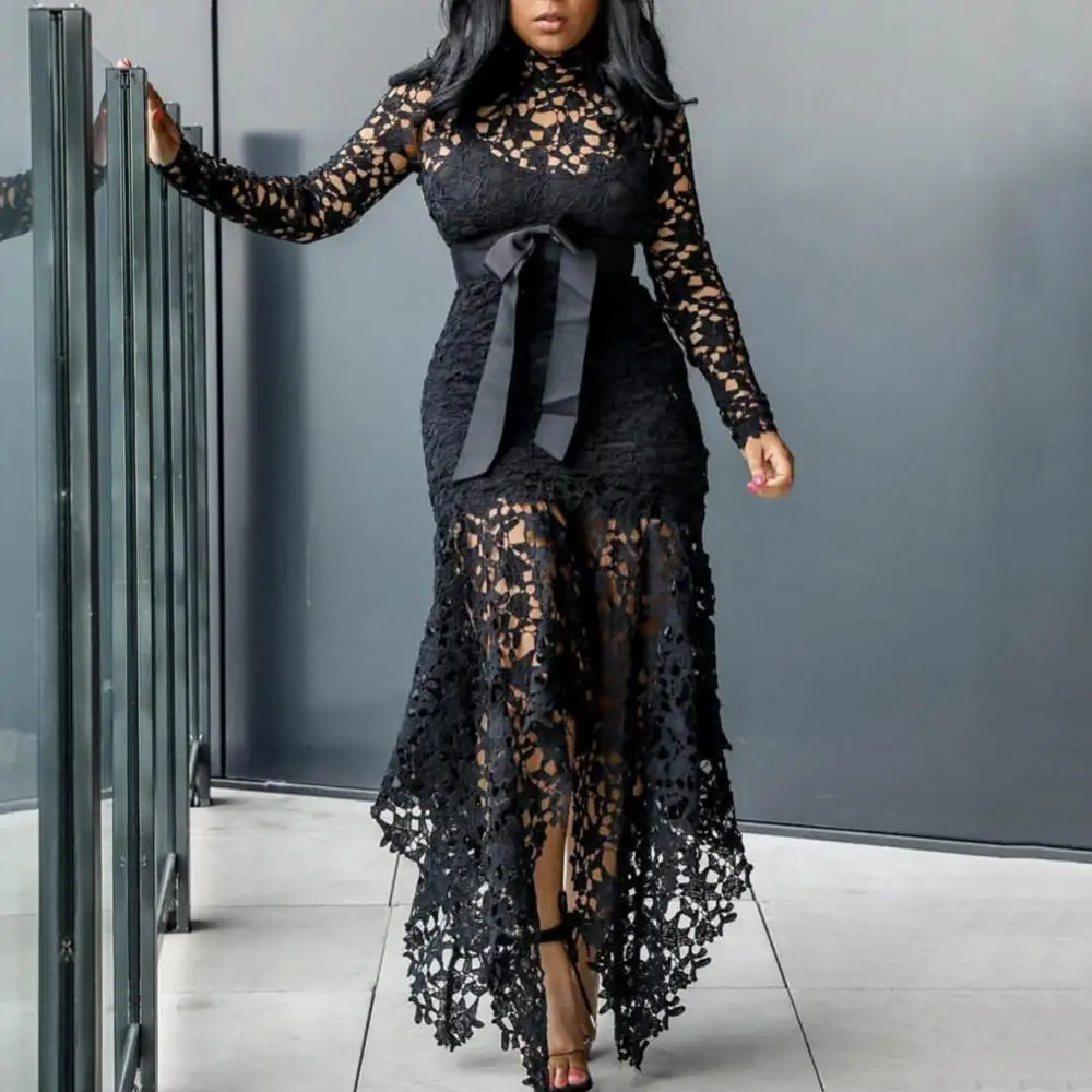 

Long Sleeve Long Dress Dress Sexy Women Bodycon Bow Belted Irregular Hem Hollow Lace Long Dress