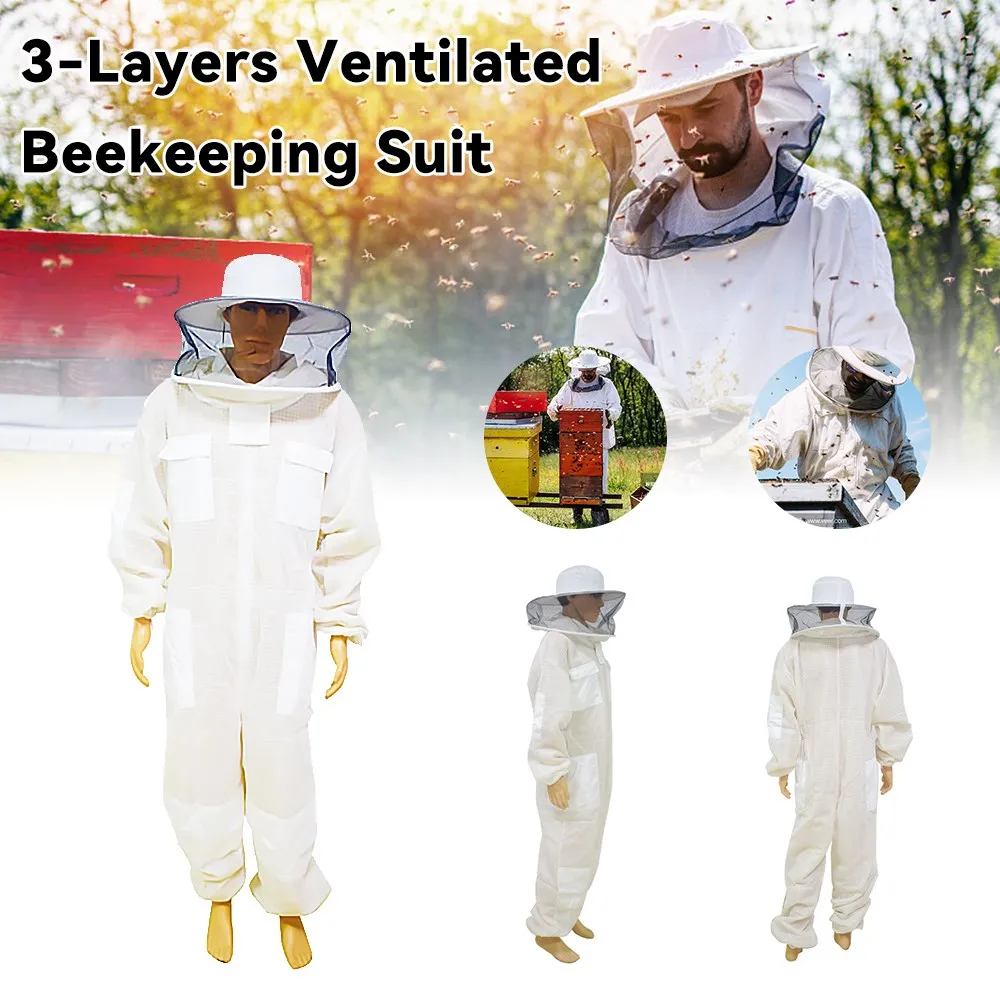 Beekeeping Clothing Professional Anti Bee Suit 3 Layer Air-through Protective Full Body Suit with Removable Hat Ventilated