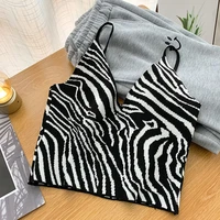 zebra stripe printed knitted crop top v neck camisole tank top women 2021 sexy summer fashion elastic sleeveless sweater top tee