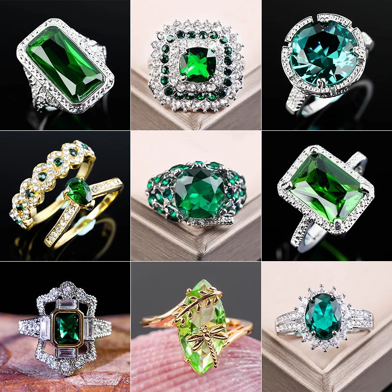 

Large Green Stone Ring For Women Wedding Gift Luxury Jewelry Color Cubic Zirconia Ring Bague Femme Anillos Mujer Z5X873