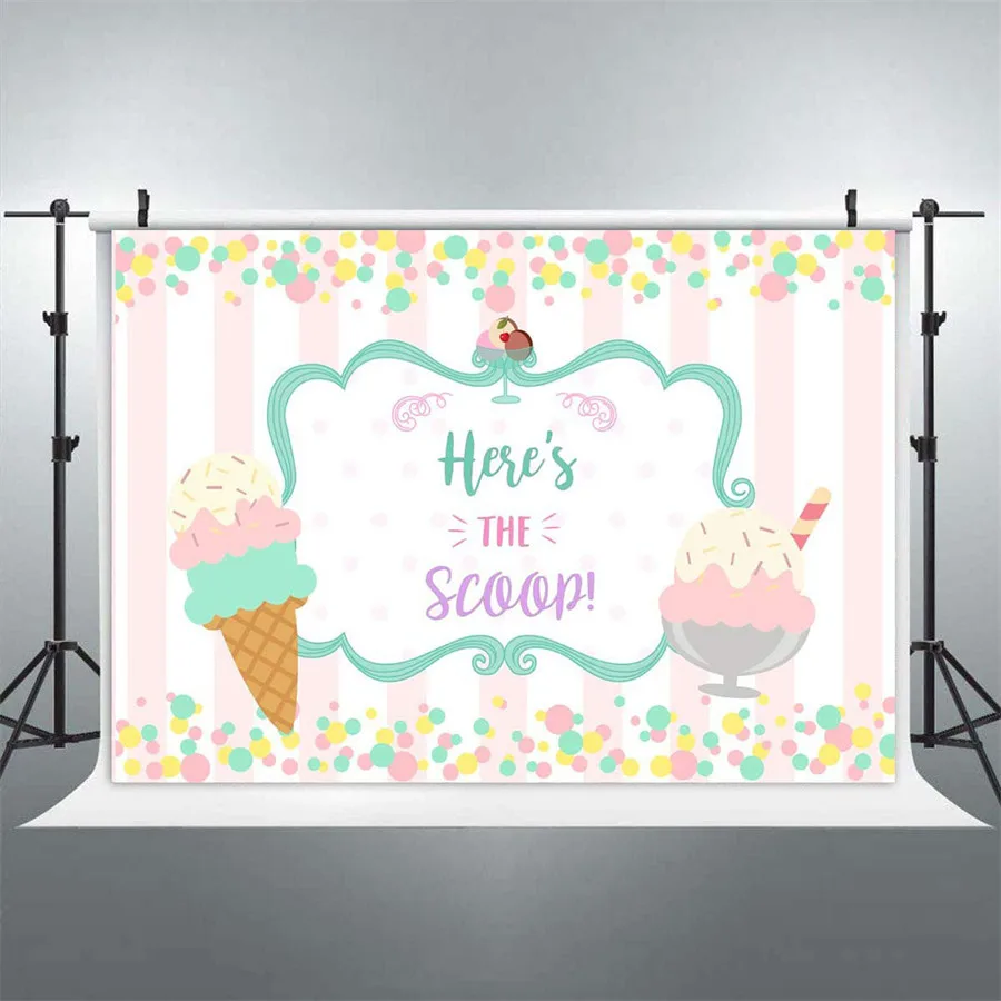 

Ice Cream Theme Backdrop Little Girl's Birthday Background Here's The Scoop Pink Stripes Sign Teal Dots Photo Booth Party Banner