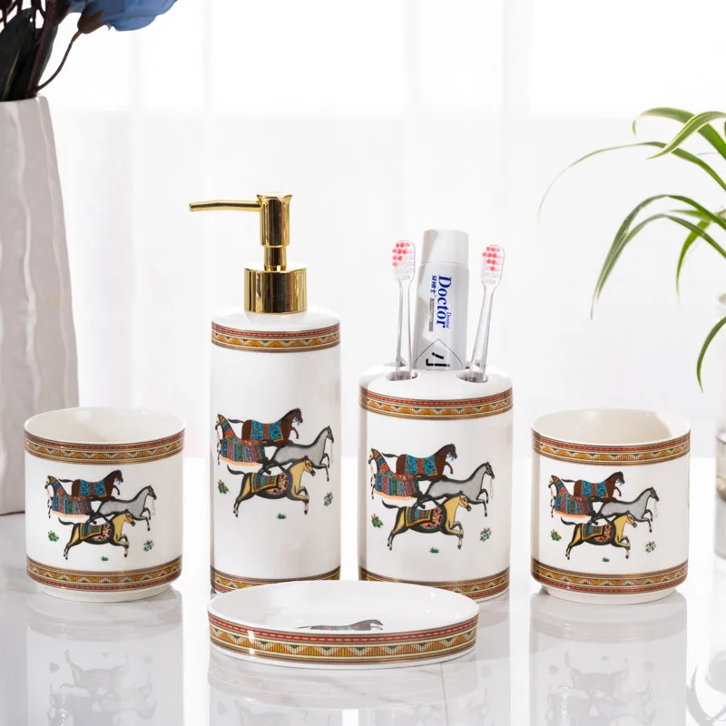 

Bathroom Set Porcelain Gargle Cups Toothbrush Holder Ceramic Luxury Wedding Gifts 5 Pieces Lavatory Sanitary Ware Nordic Style