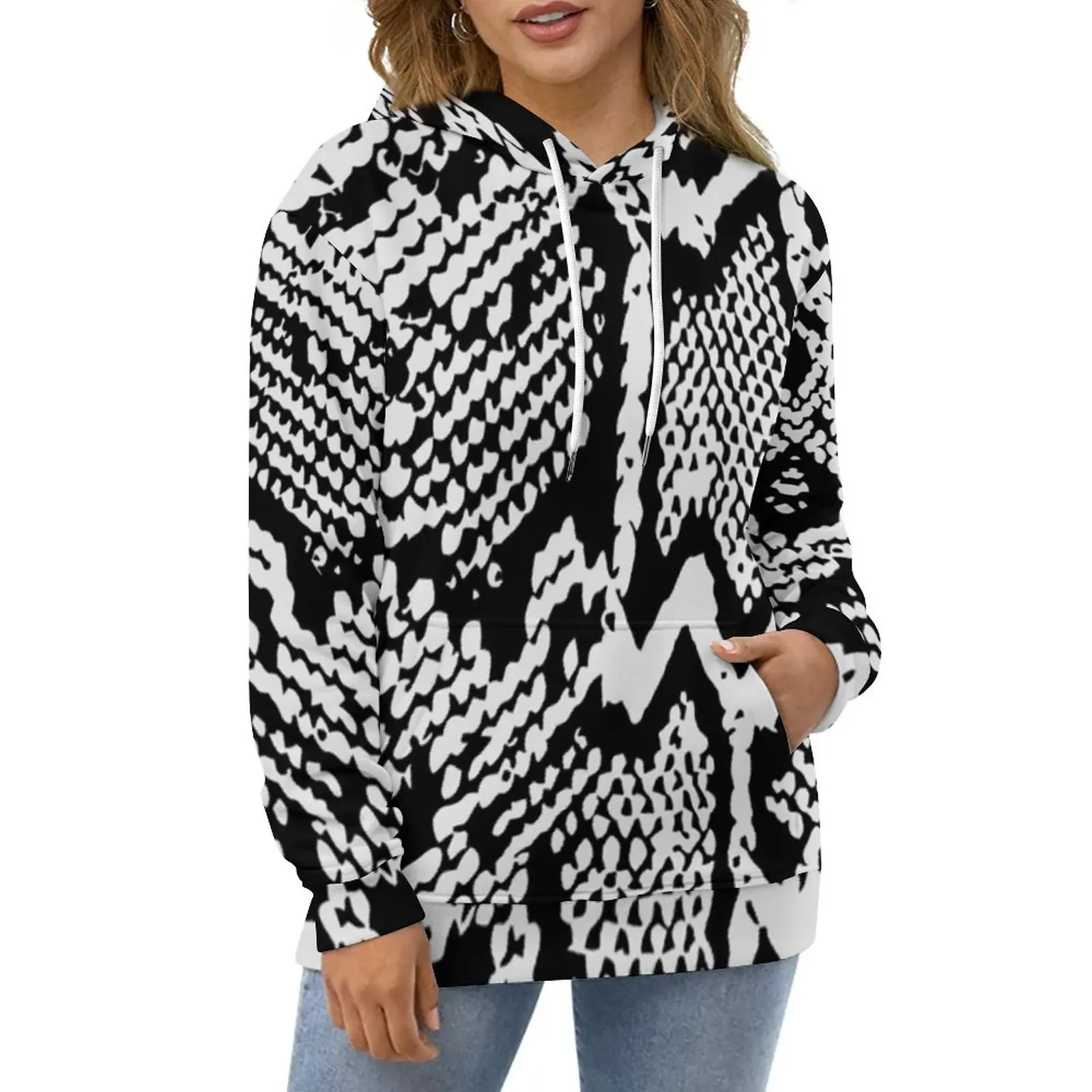 

Black White Snakeskin Casual Hoodies Animal Snake Skin Print Hoodie Long Sleeve Oversized Harajuku Graphic Loose Sweatshirts