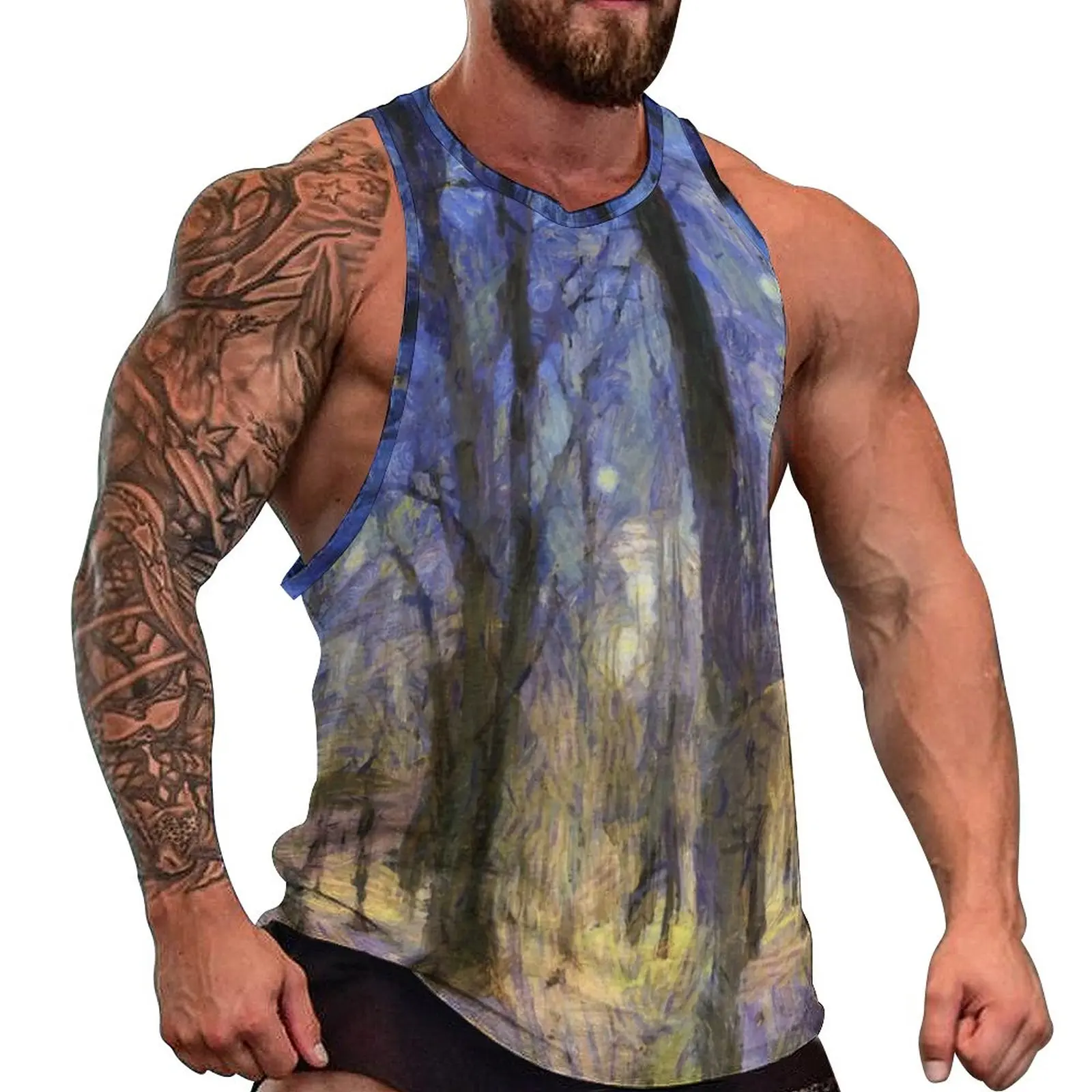 

Sunset Forest Print Summer Tank Top Van Gogh Workout Tops Mens Graphic Sportswear Sleeveless Vests Plus Size