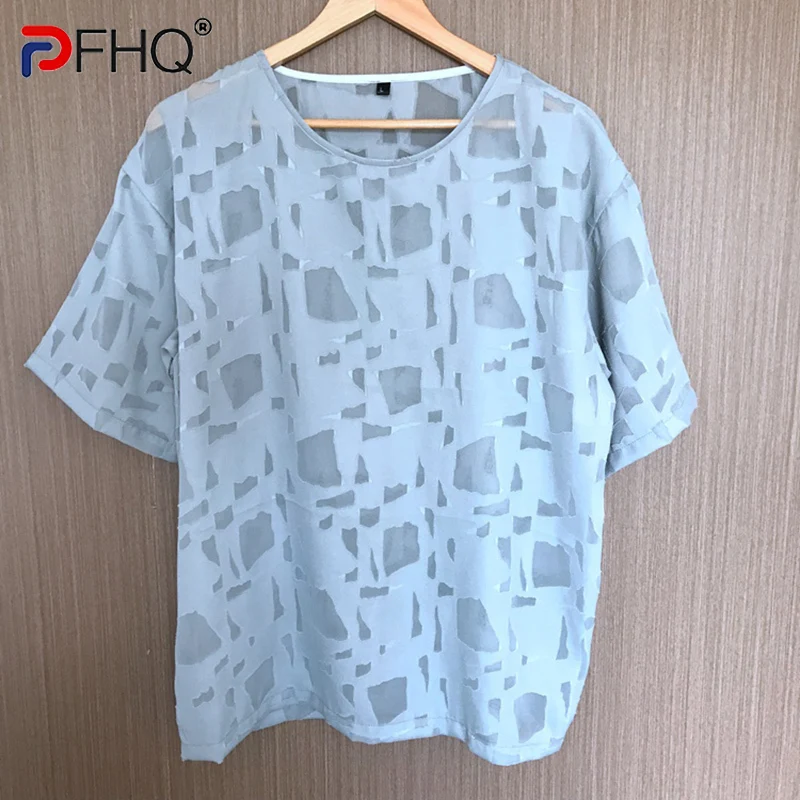 

PFHQ Chiffon Jacquard See-through Niche Design Short Sleeve T-shirt High Quality 2023 Trendy Original Summer Thin Tops 21F1890