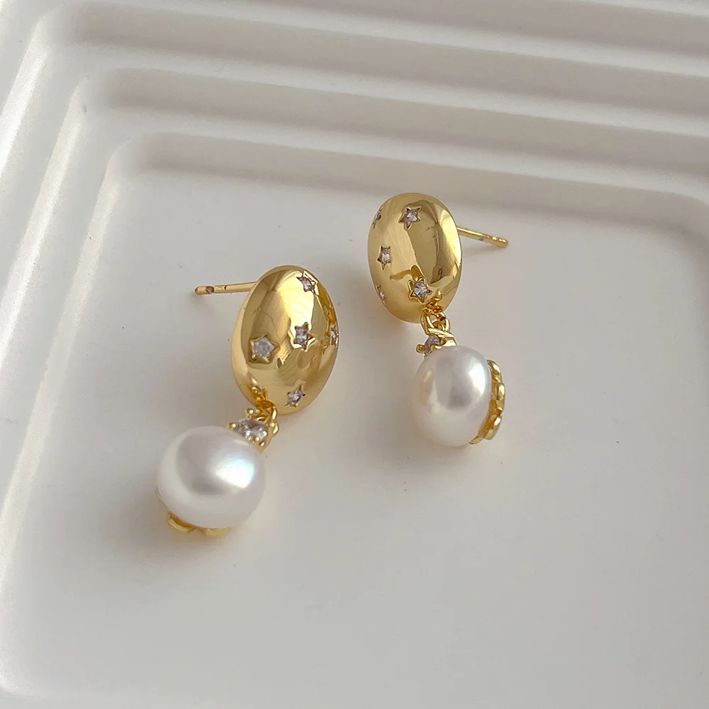 

Minar Charming Freshwater Pearl Long Drop Earrings Women Girl 14K Gold Plating Shiny CZ Zircon Pendant Earring Wedding Jewelry