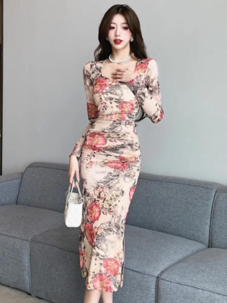 

2023 Flora Print Sexy Women Midi Dress French Square Neck Lady Eve Party Maxi Dresses Elegant Long Sleeve Slim Female Slip Mujer