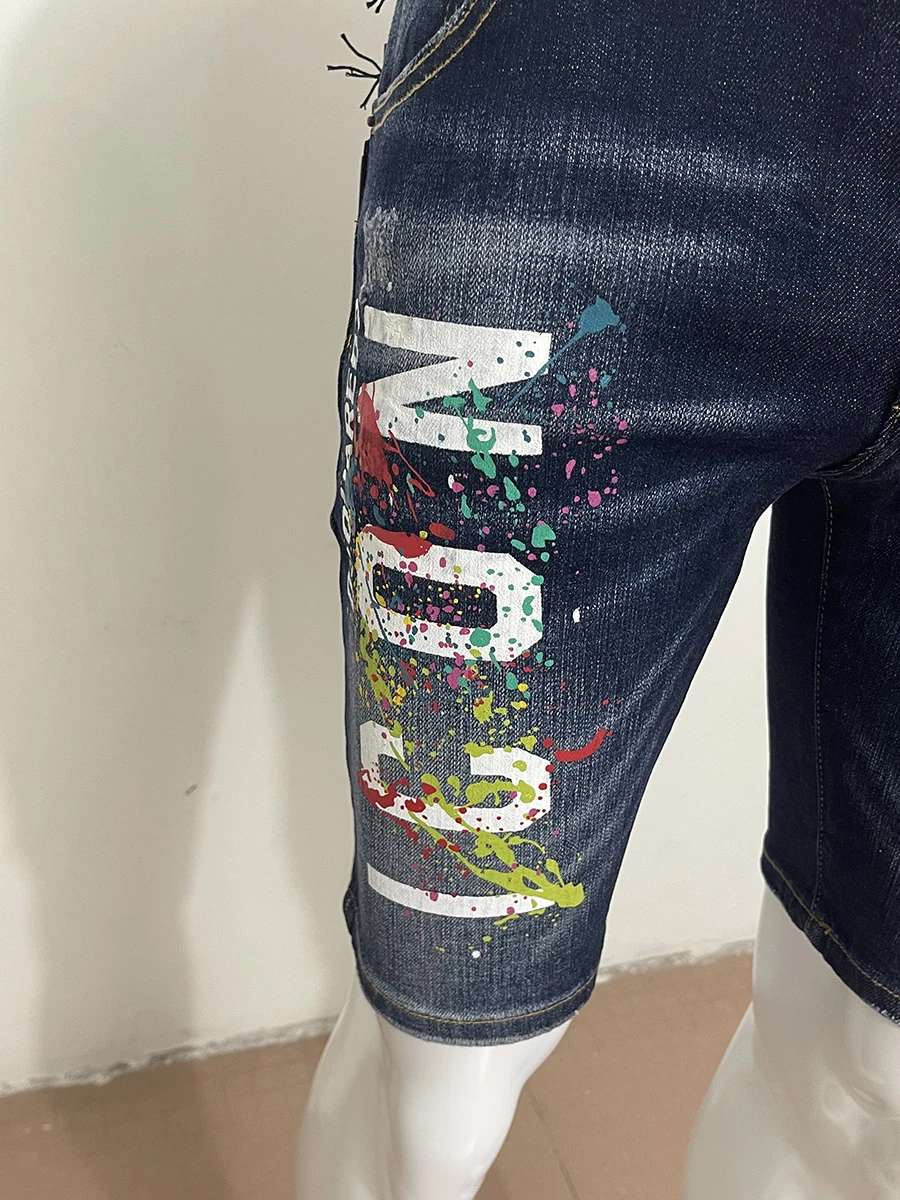 2023 new denim shorts men's Blue D2 jeans slim casual micro-bullet wash printing letters fashion fashion daily