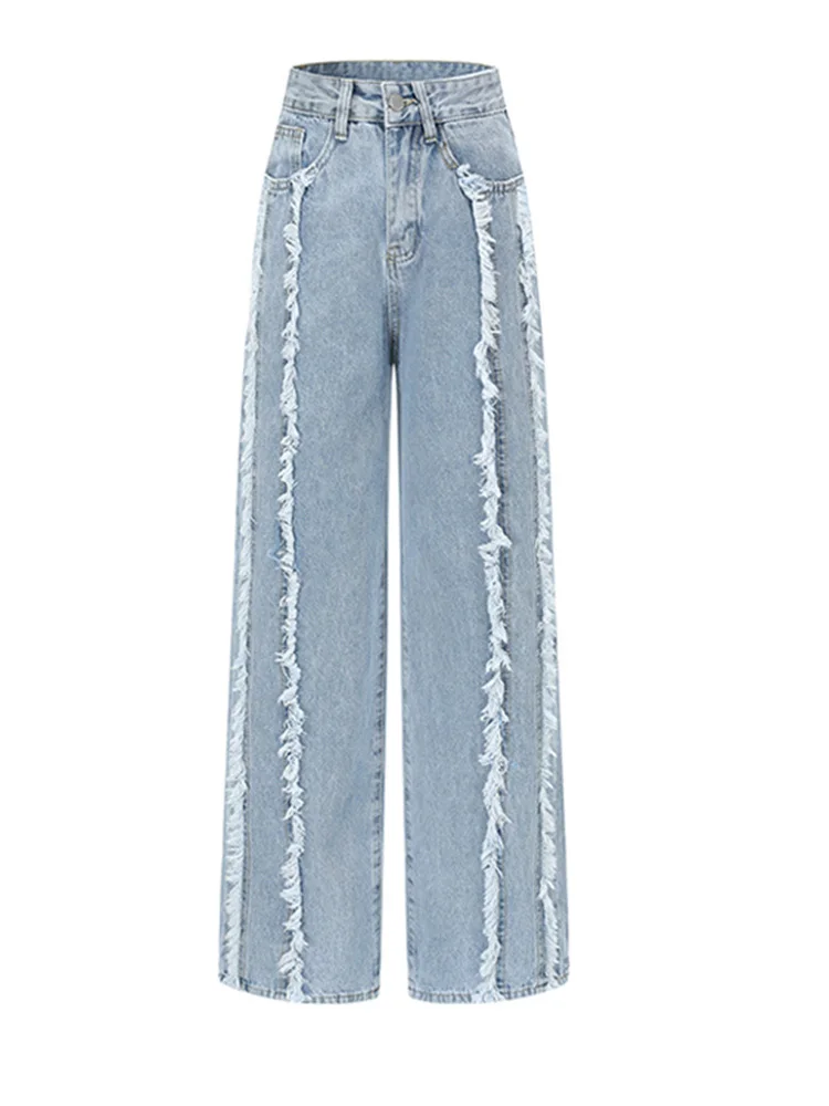 

High Waist Blue Burrs High Street Long Wide Leg Jeans New Loose Women Trousers Fashion Tide Spring Autumn 2022 N622
